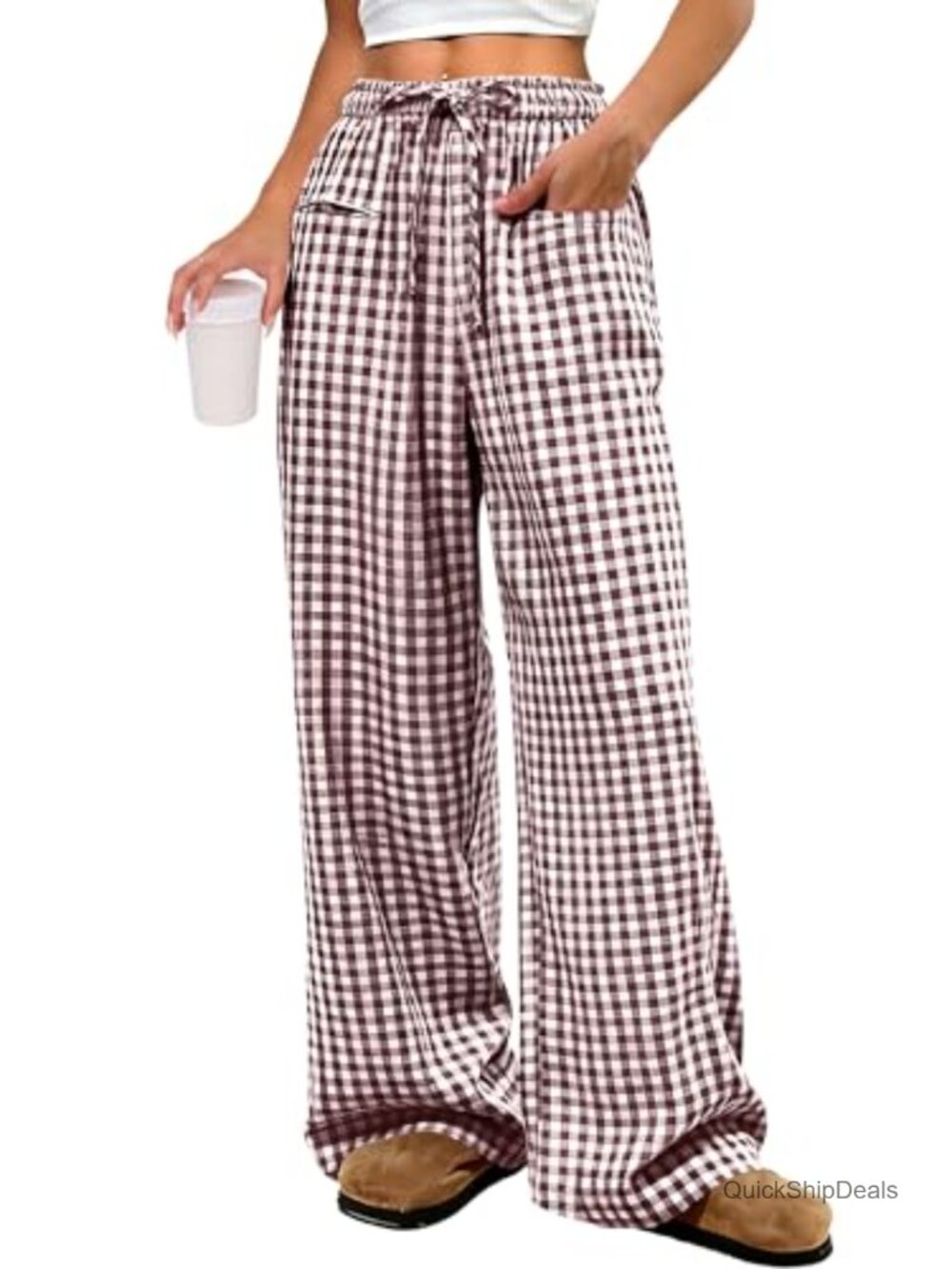 High Waist Wide Leg Plaid Drawstring Pants